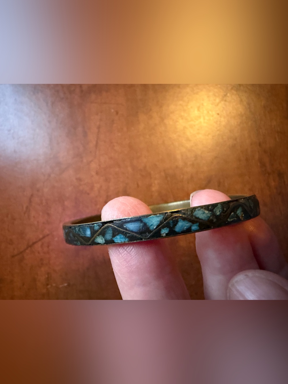 Turquoise Inlay Brass Bangle Bracelet - Women's Blue Green Statement Jewelry